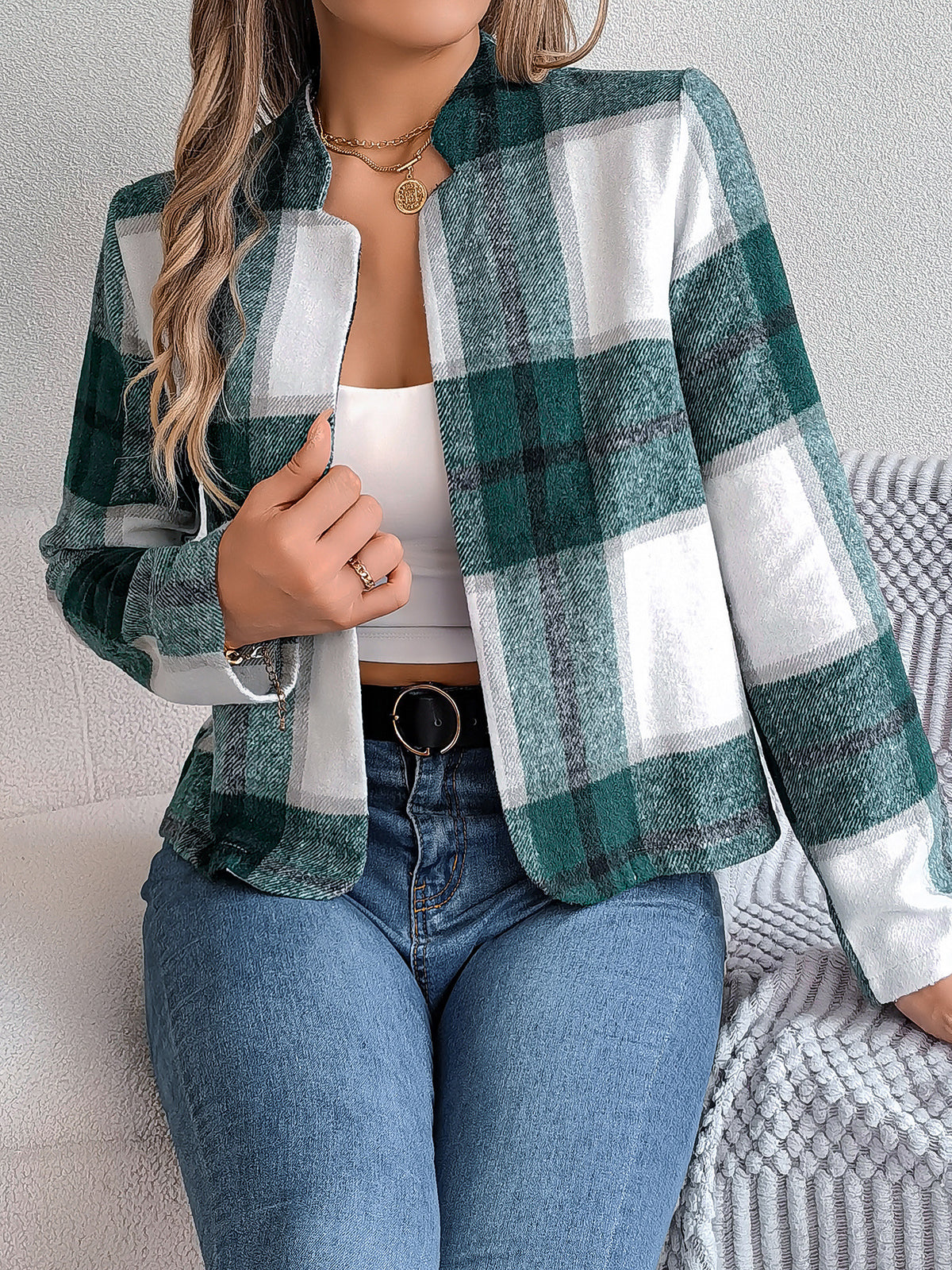 Cropped Collarless Plaid Blazer Jacket - Green - 1