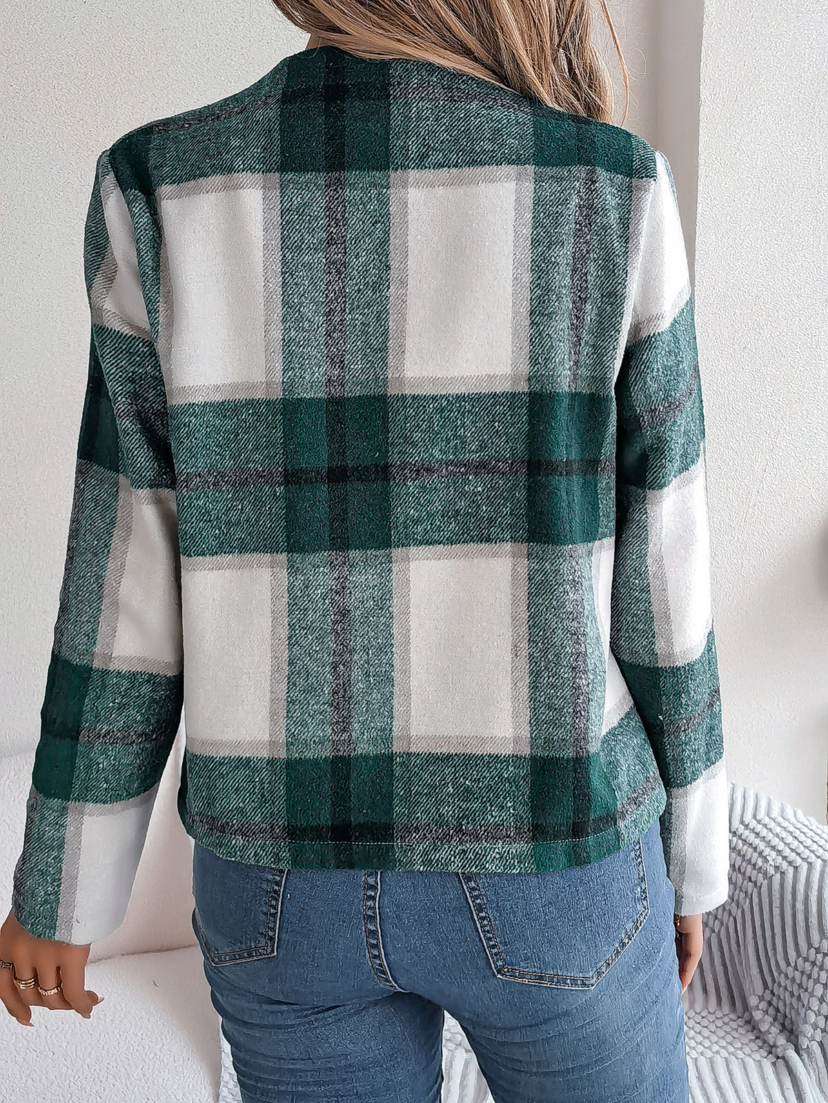 Cropped Collarless Plaid Blazer Jacket - Green - 2