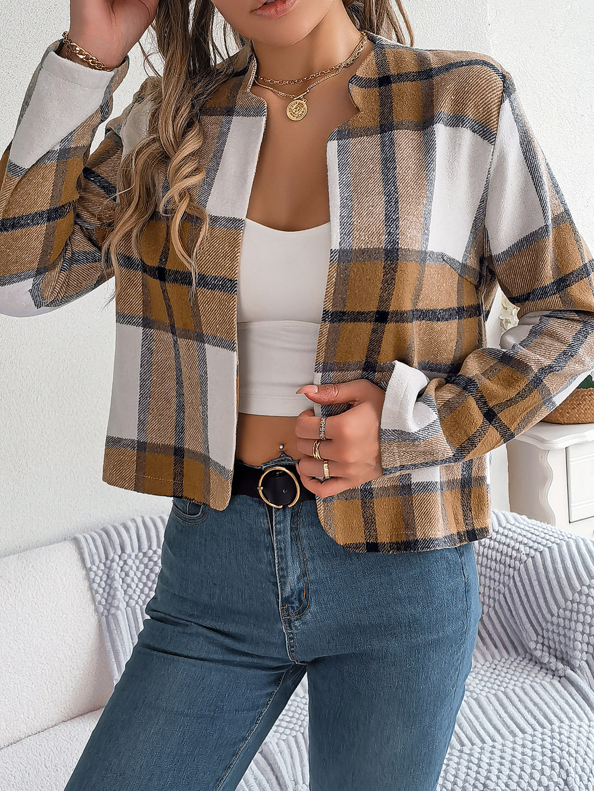 Cropped Collarless Plaid Blazer Jacket - Khaki