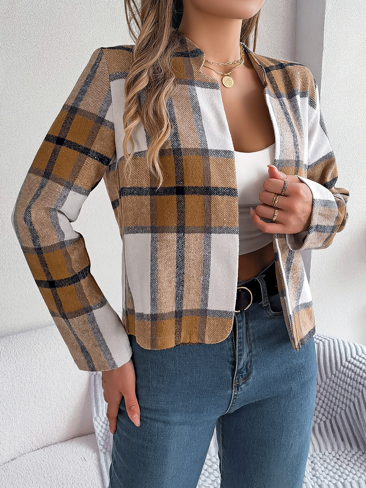 Cropped Collarless Plaid Blazer Jacket - Khaki - 2
