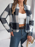 Cropped Collarless Plaid Blazer Jacket - Navyblue