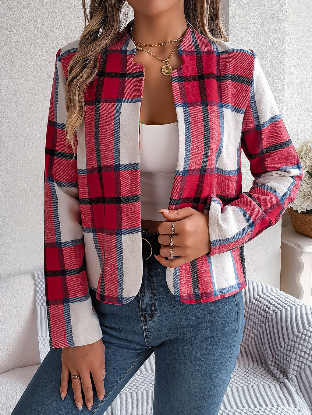 Cropped Collarless Plaid Blazer Jacket - Red