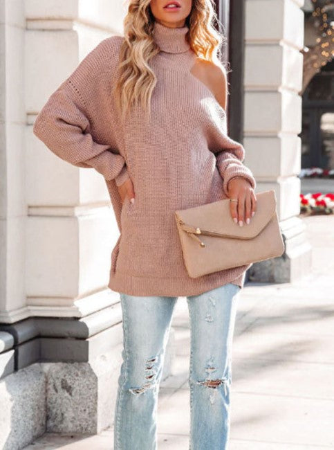 Cold Shoulder Turtleneck Ribbed Knit Sweater - Pink - 1