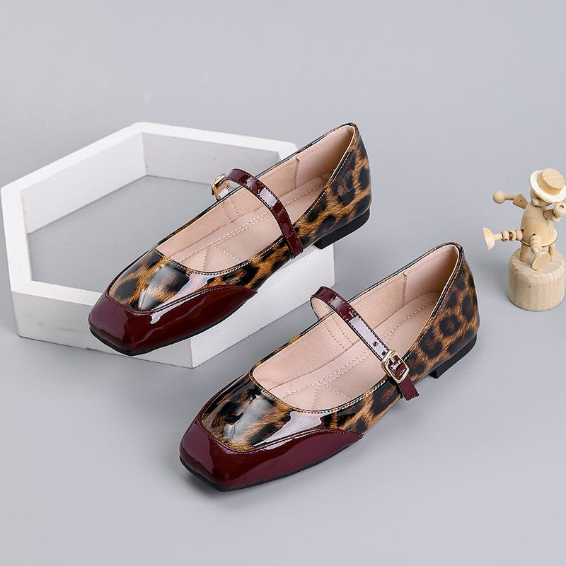 Leopard Patent Square Toe Mary Jane Flats - Burgundy