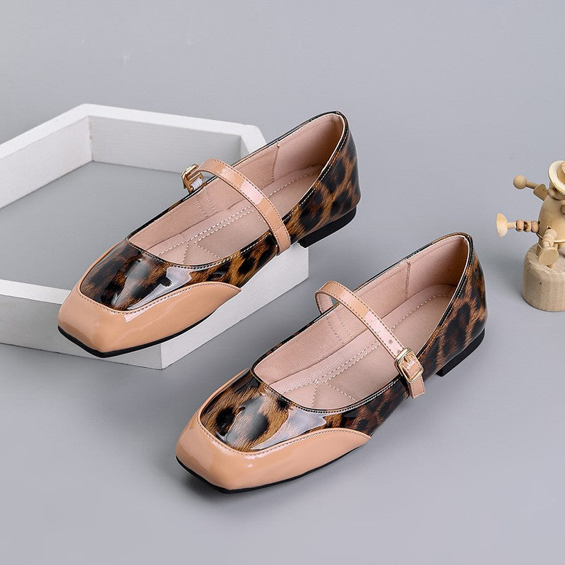 Leopard Patent Square Toe Mary Jane Flats