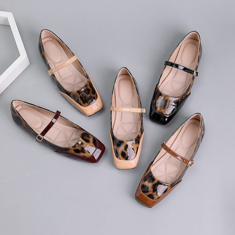Leopard Patent Square Toe Mary Jane Flats