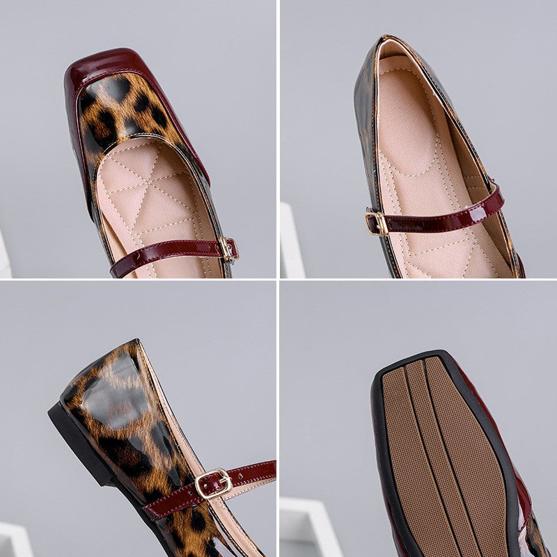 Leopard Patent Square Toe Mary Jane Flats