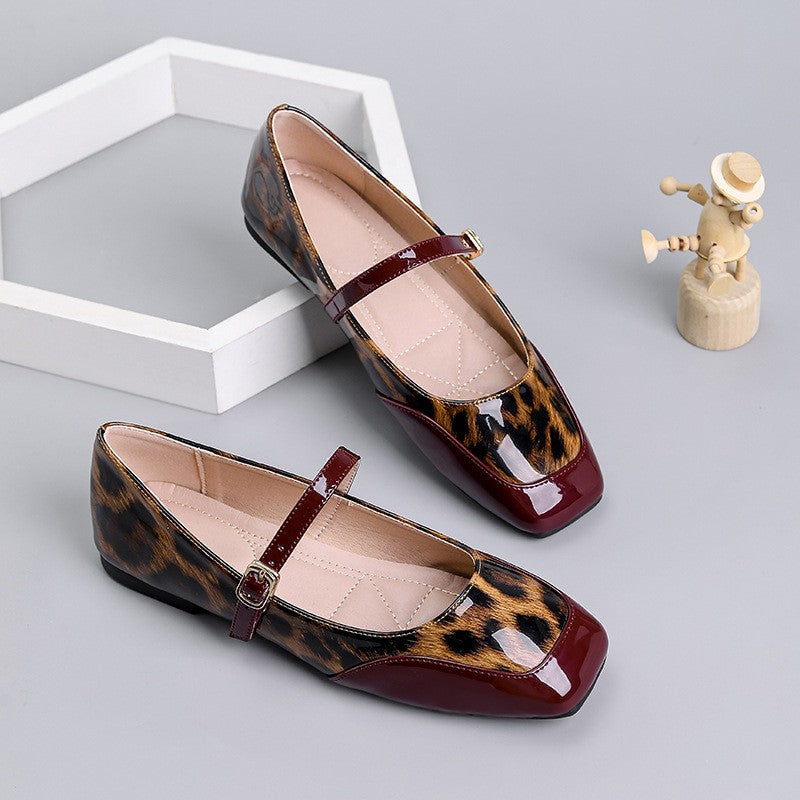 Leopard Patent Square Toe Mary Jane Flats
