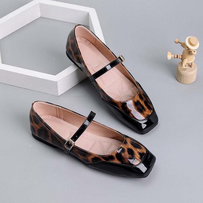 Leopard Patent Square Toe Mary Jane Flats