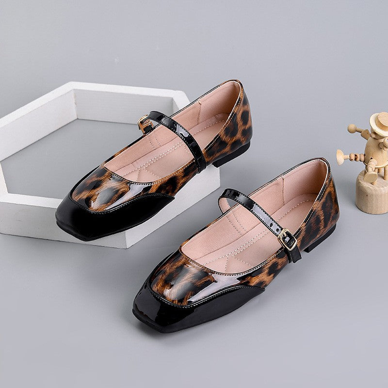 Leopard Patent Square Toe Mary Jane Flats