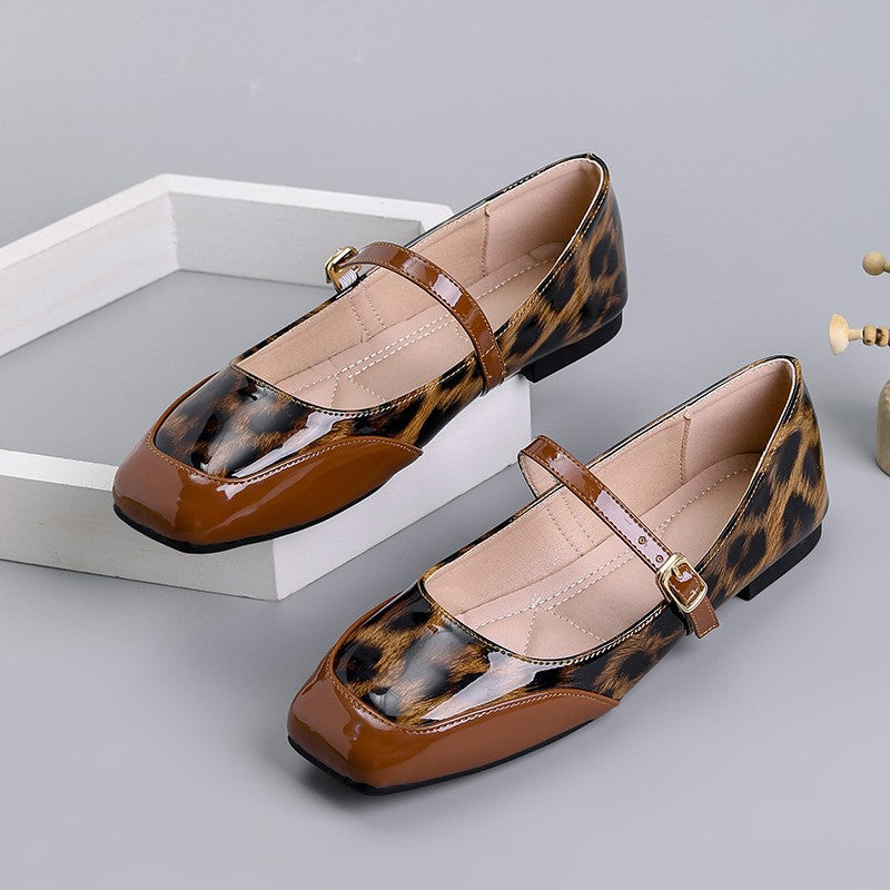 Leopard Patent Square Toe Mary Jane Flats