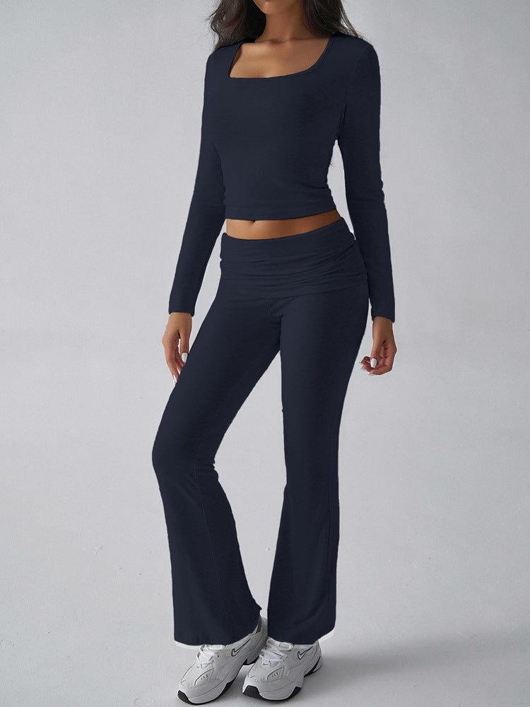 Square Neck Crop Top Flare Pants Set - Darkblue - 1
