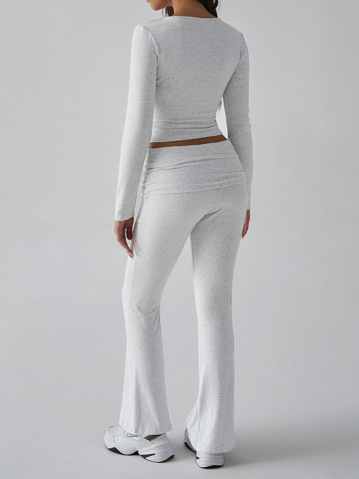 Square Neck Crop Top Flare Pants Set - Grey - 1