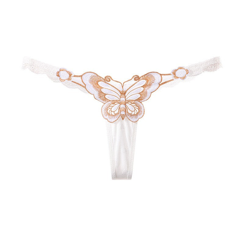 Butterfly Embroidered Sheer Mesh Low Rise Thong - White