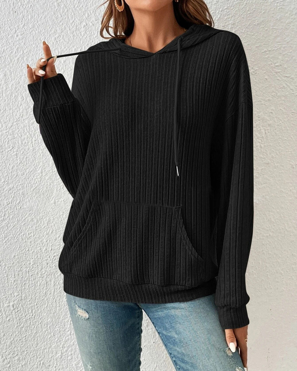 Ribbed Knit Kangaroo Pocket Hoodie - Black