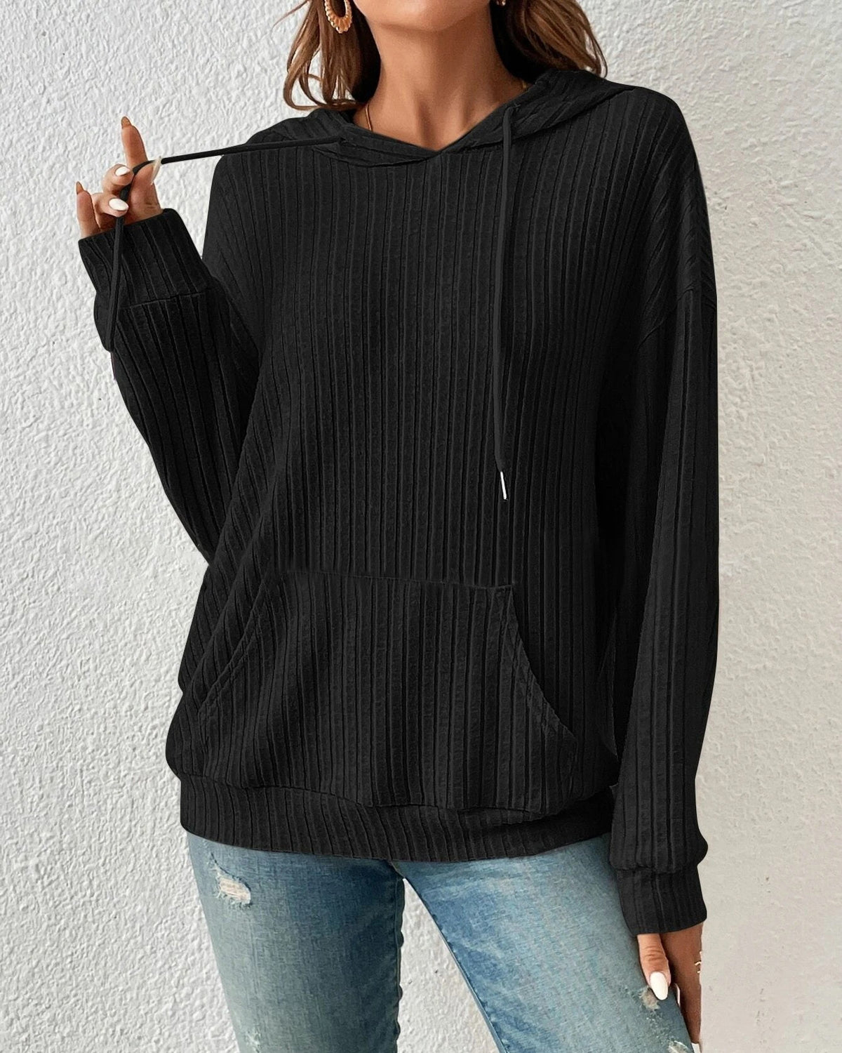 Ribbed Knit Kangaroo Pocket Hoodie - Black