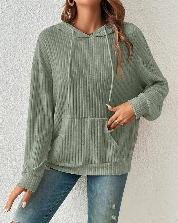 Ribbed Knit Kangaroo Pocket Hoodie - Green