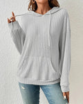 Ribbed Knit Kangaroo Pocket Hoodie - Grey