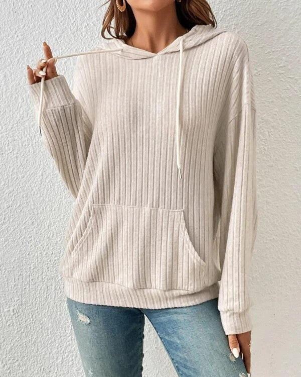 Ribbed Knit Kangaroo Pocket Hoodie - Off-White