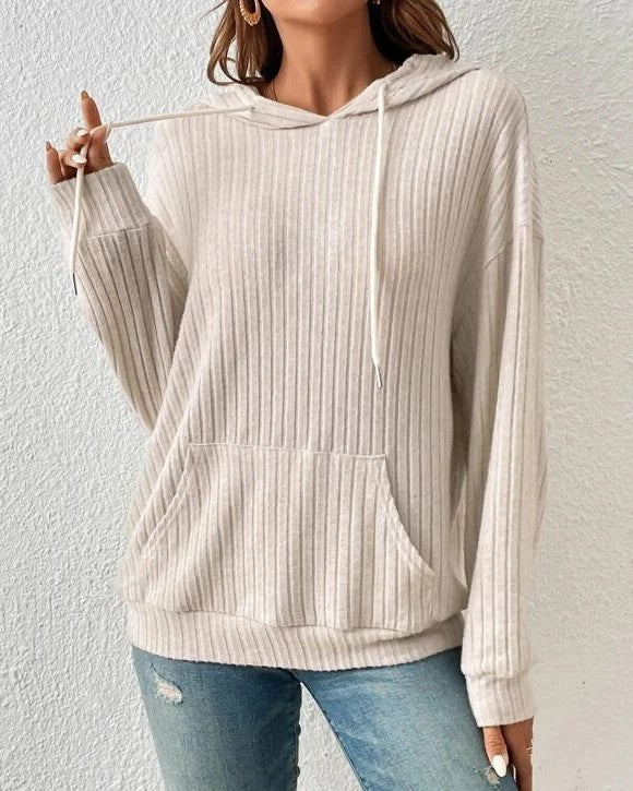Ribbed Knit Kangaroo Pocket Hoodie - Off-White - 1