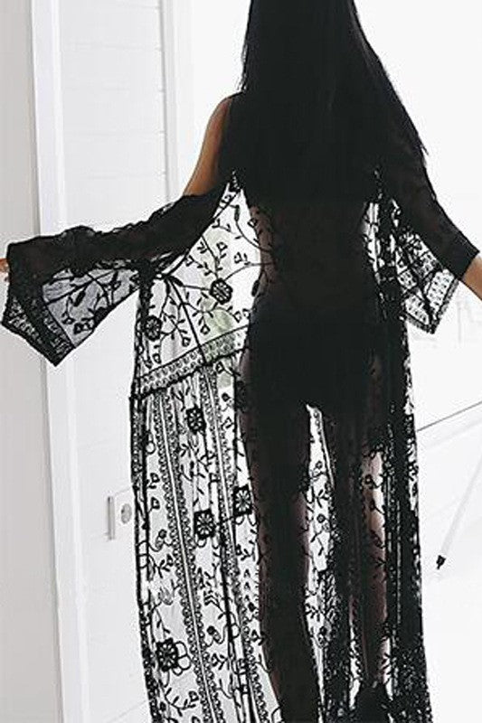 Floral Lace Maxi Duster Cover Up - Black - 1