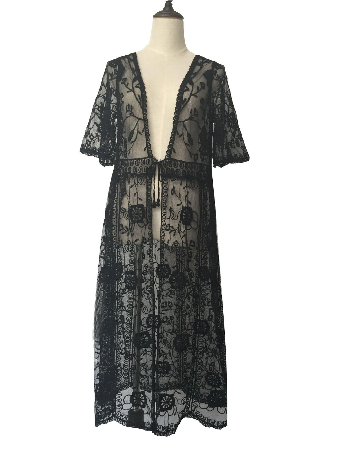 Floral Lace Maxi Duster Cover Up - Black - 2