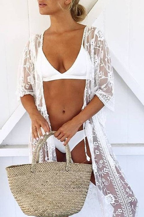 Floral Lace Maxi Duster Cover Up - White