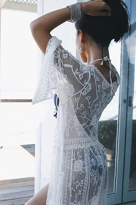 Floral Lace Maxi Duster Cover Up - White - 1