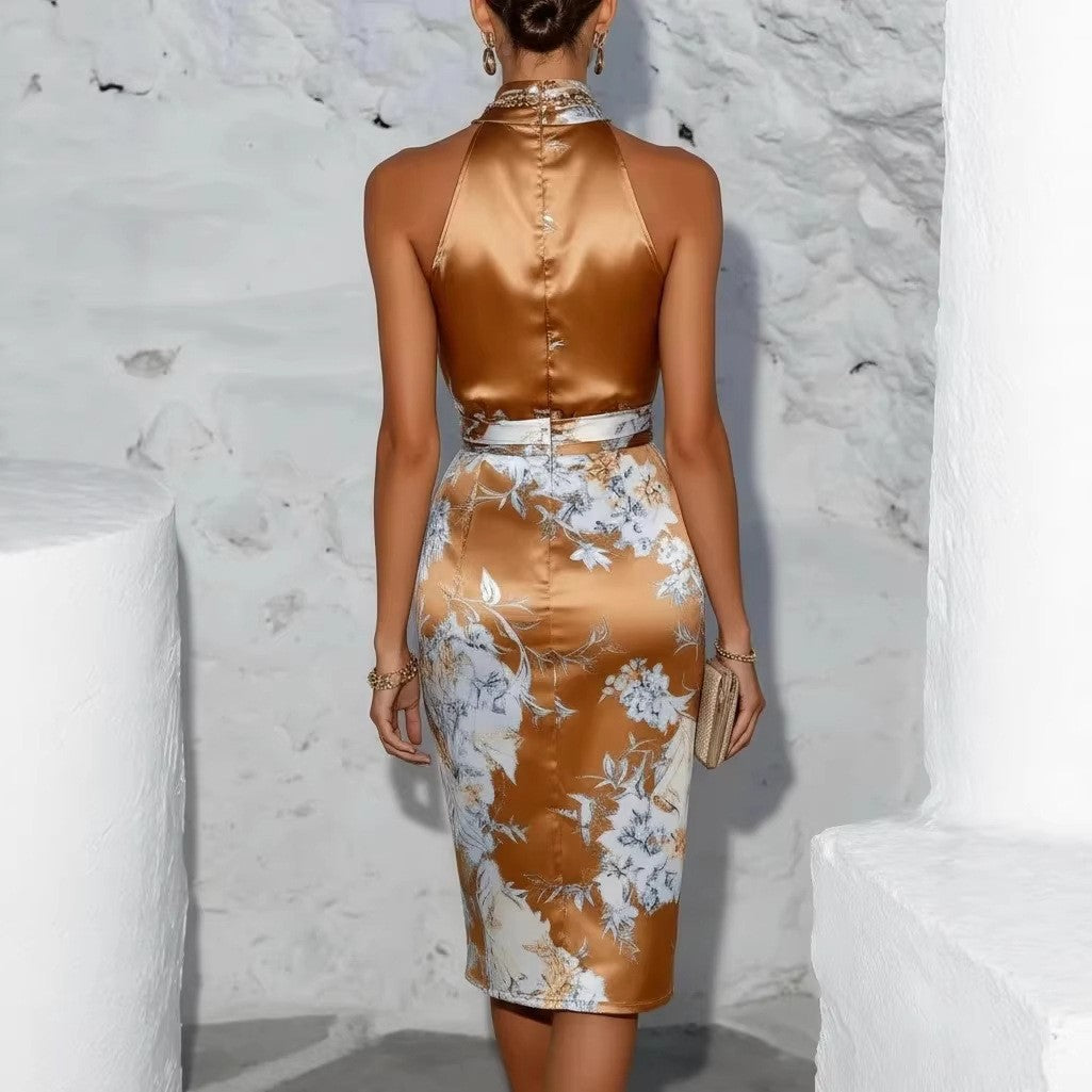 Copper Floral Print Satin Halter Midi Dress