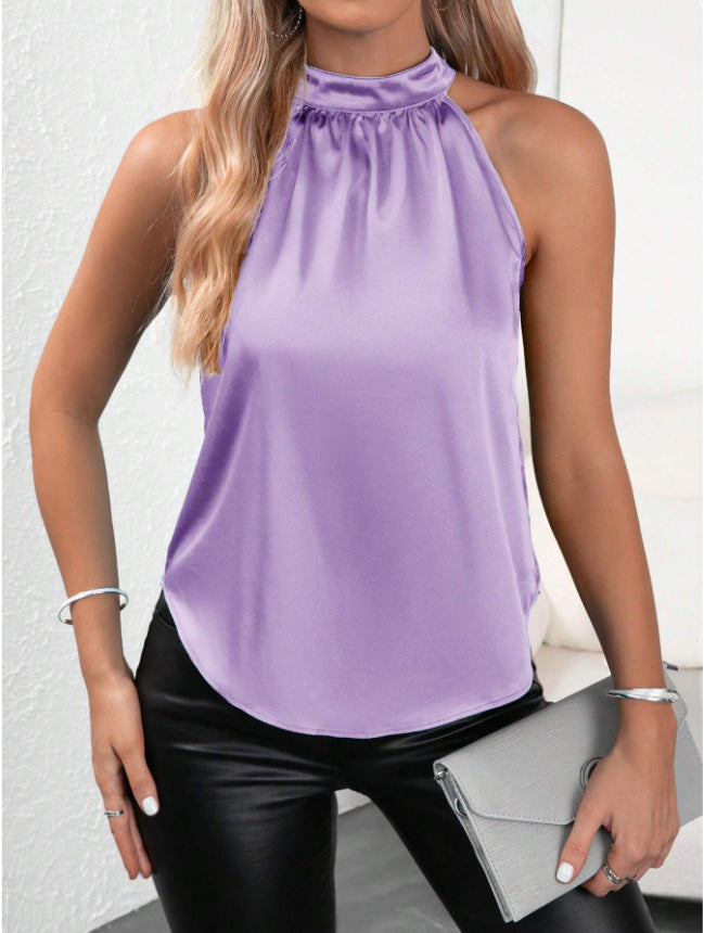 Shirred Halter Neck Satin Blouse - Purple