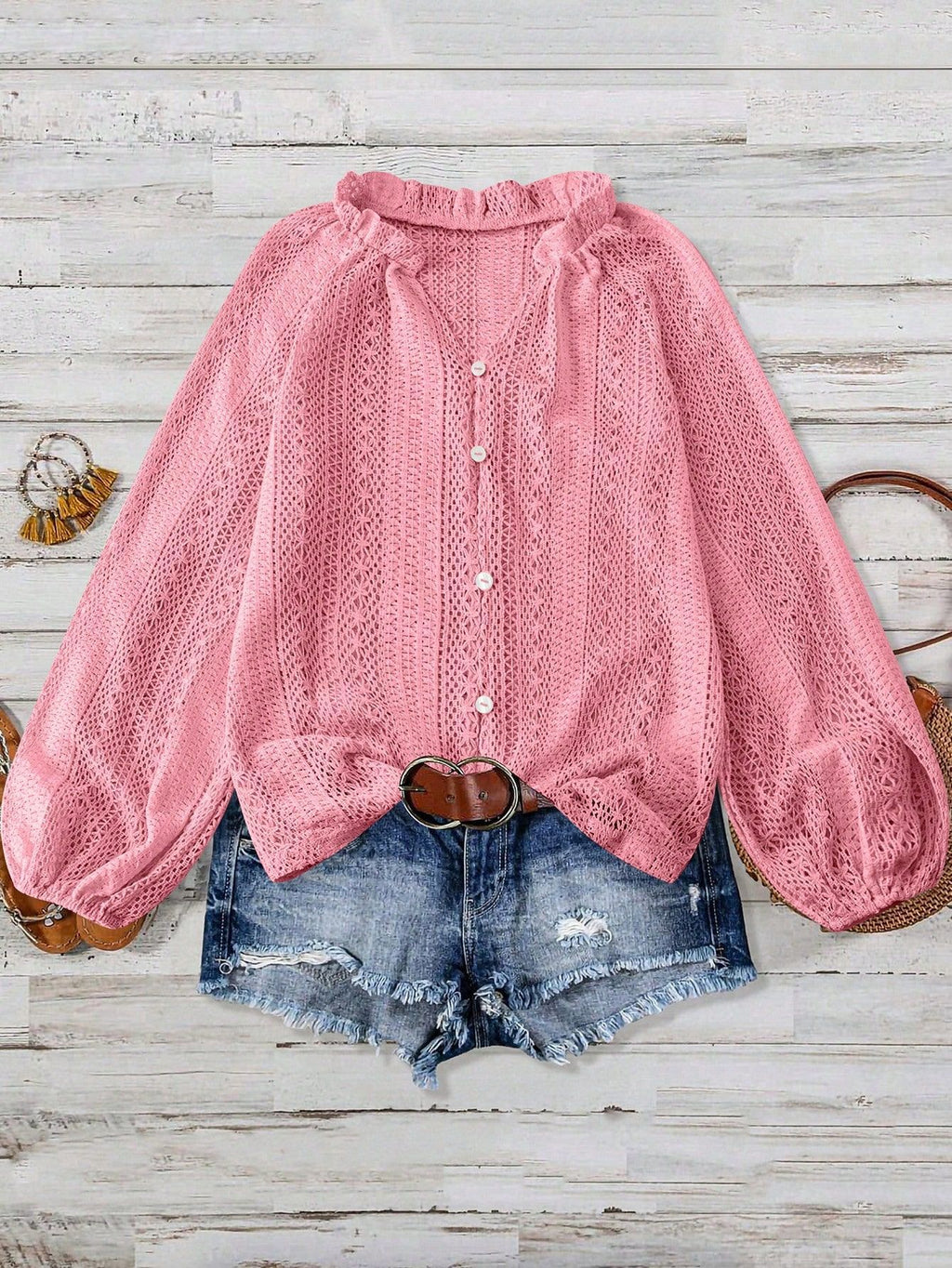 Eyelet Lace Button Front Ruffle Neck Blouse - Pink