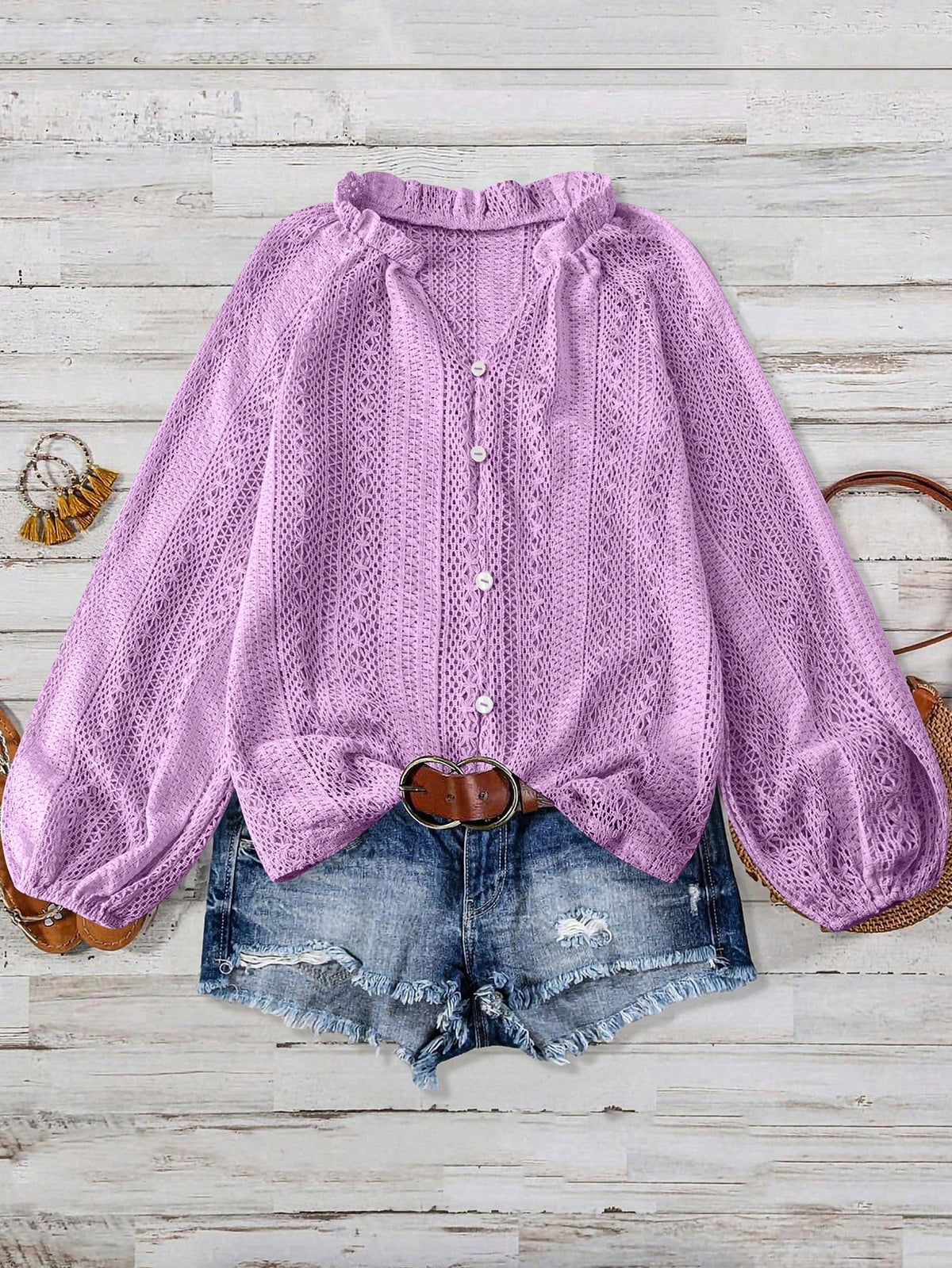 Eyelet Lace Button Front Ruffle Neck Blouse - Purple