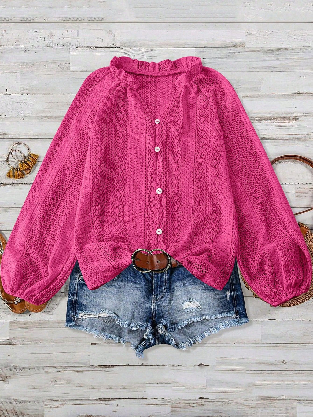 Eyelet Lace Button Front Ruffle Neck Blouse - Rosered