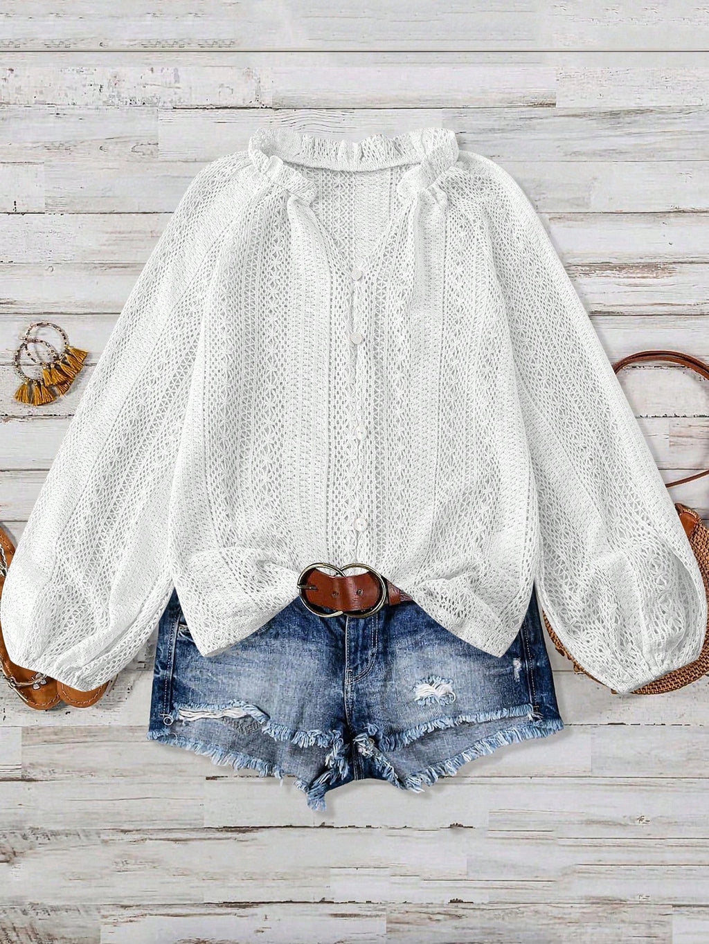 Eyelet Lace Button Front Ruffle Neck Blouse - White