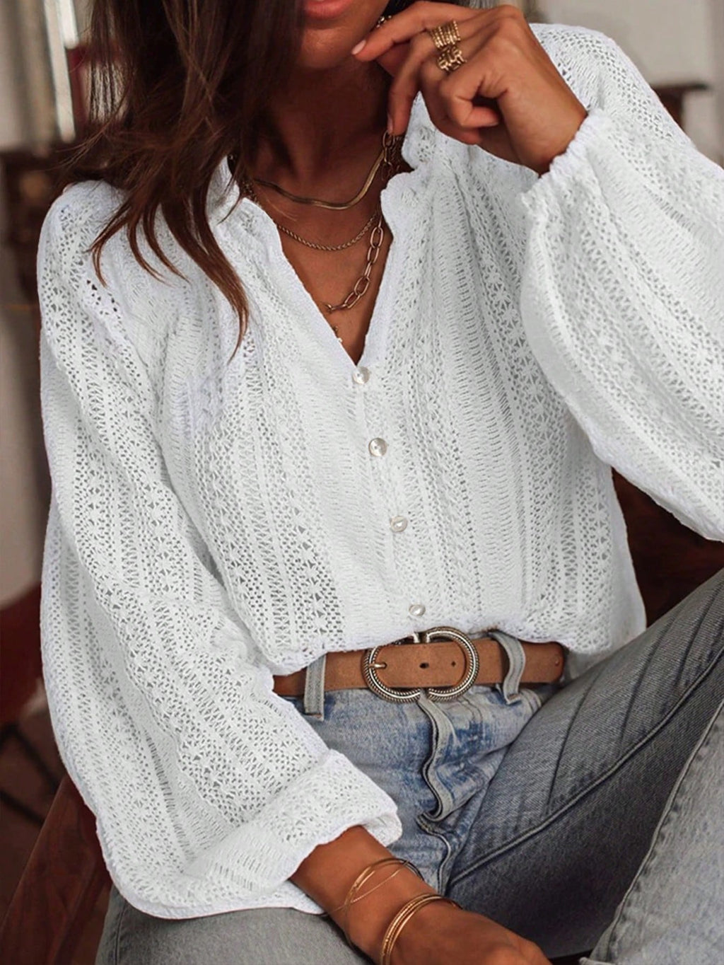 Eyelet Lace Button Front Ruffle Neck Blouse - view 1
