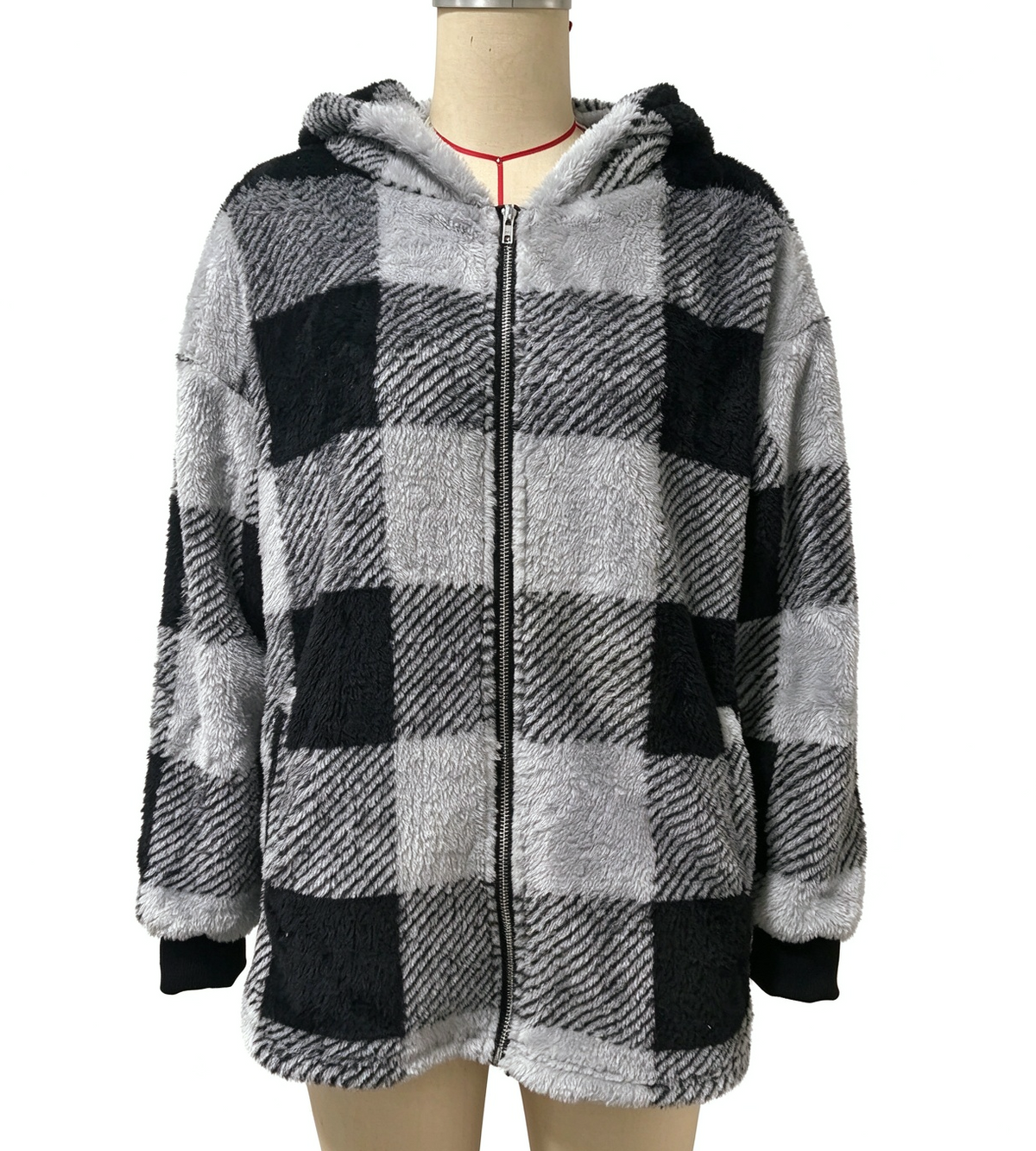 Buffalo Plaid Sherpa Hooded Zip Up Jacket - Black
