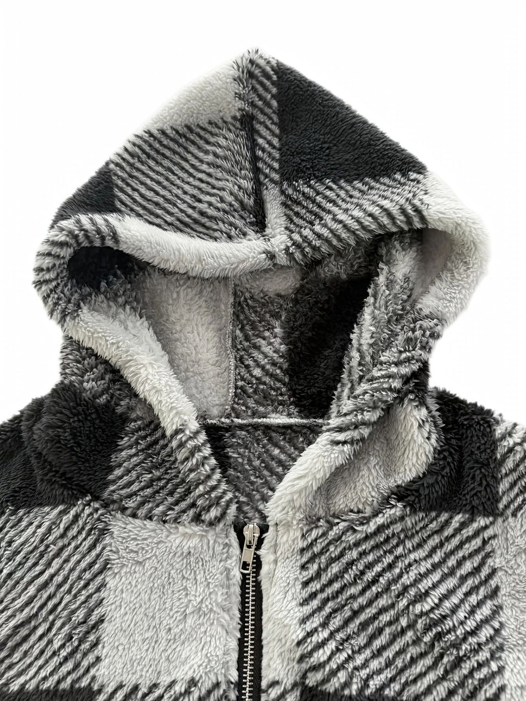Buffalo Plaid Sherpa Hooded Zip Up Jacket - Black - 1