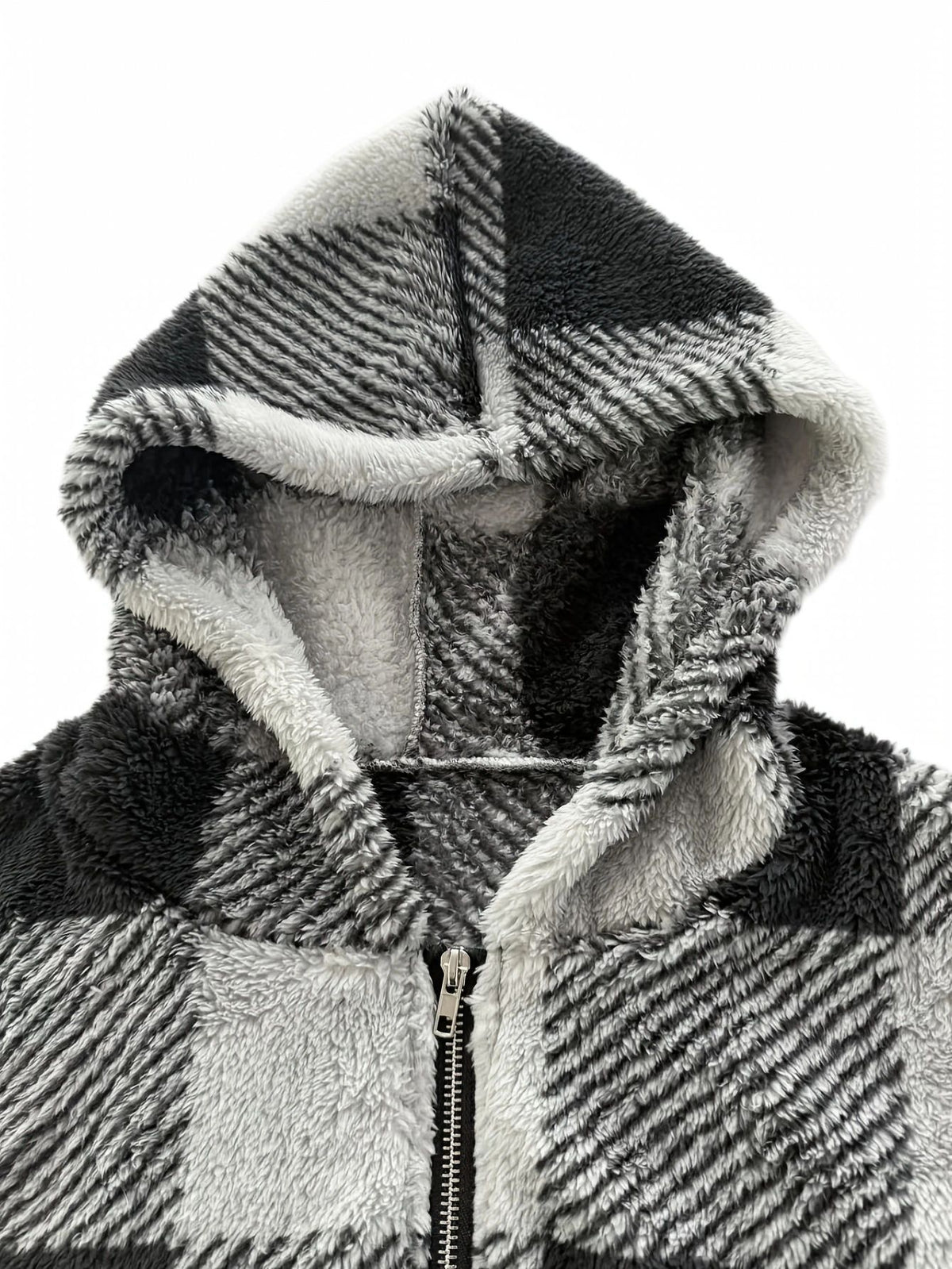 Buffalo Plaid Sherpa Hooded Zip Up Jacket - Black - 1