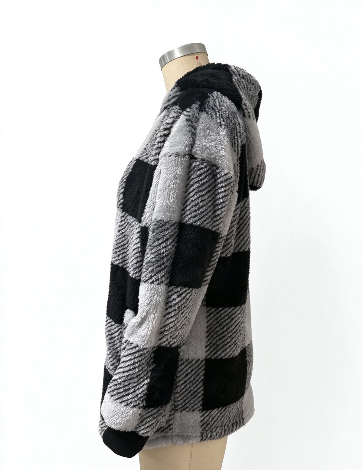 Buffalo Plaid Sherpa Hooded Zip Up Jacket - Black - 2
