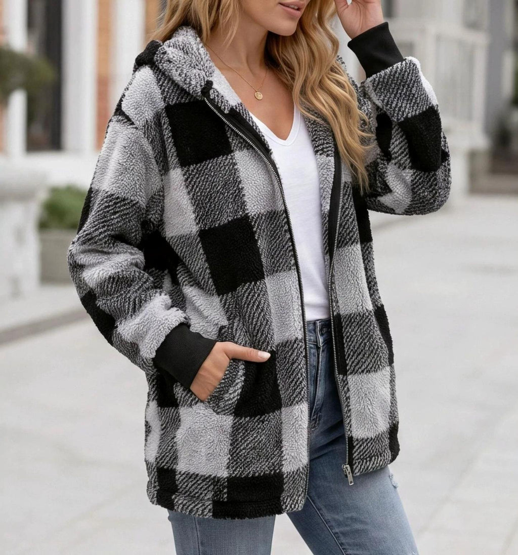 Buffalo Plaid Sherpa Hooded Zip Up Jacket - Black - 3