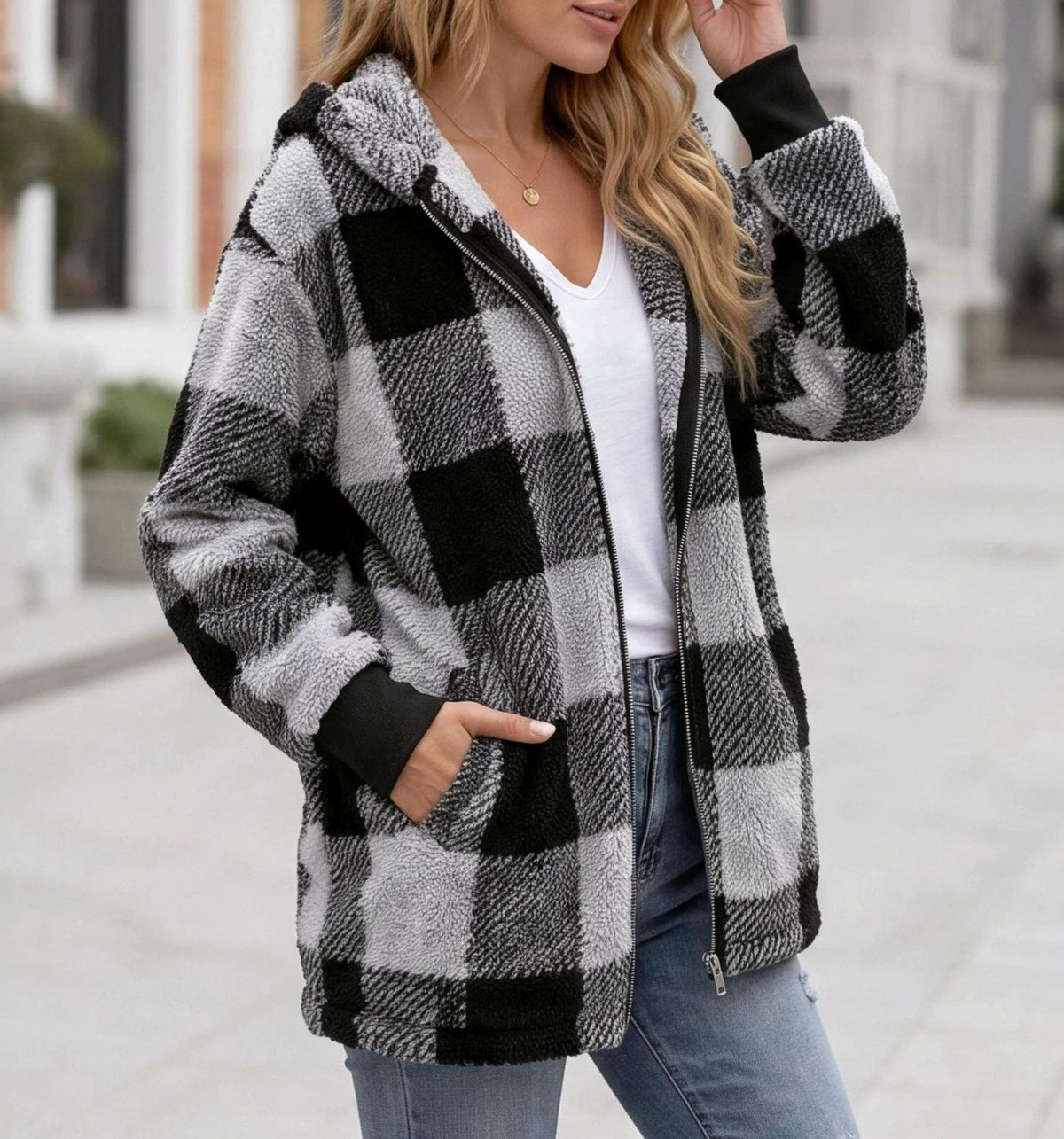 Buffalo Plaid Sherpa Hooded Zip Up Jacket - Black - 3