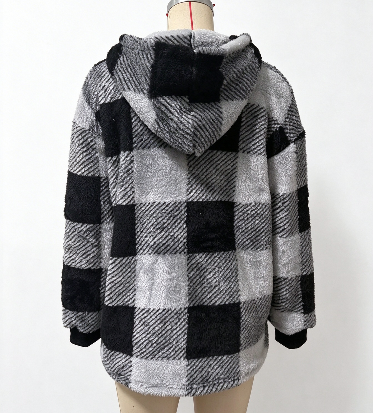 Buffalo Plaid Sherpa Hooded Zip Up Jacket - Black - 4