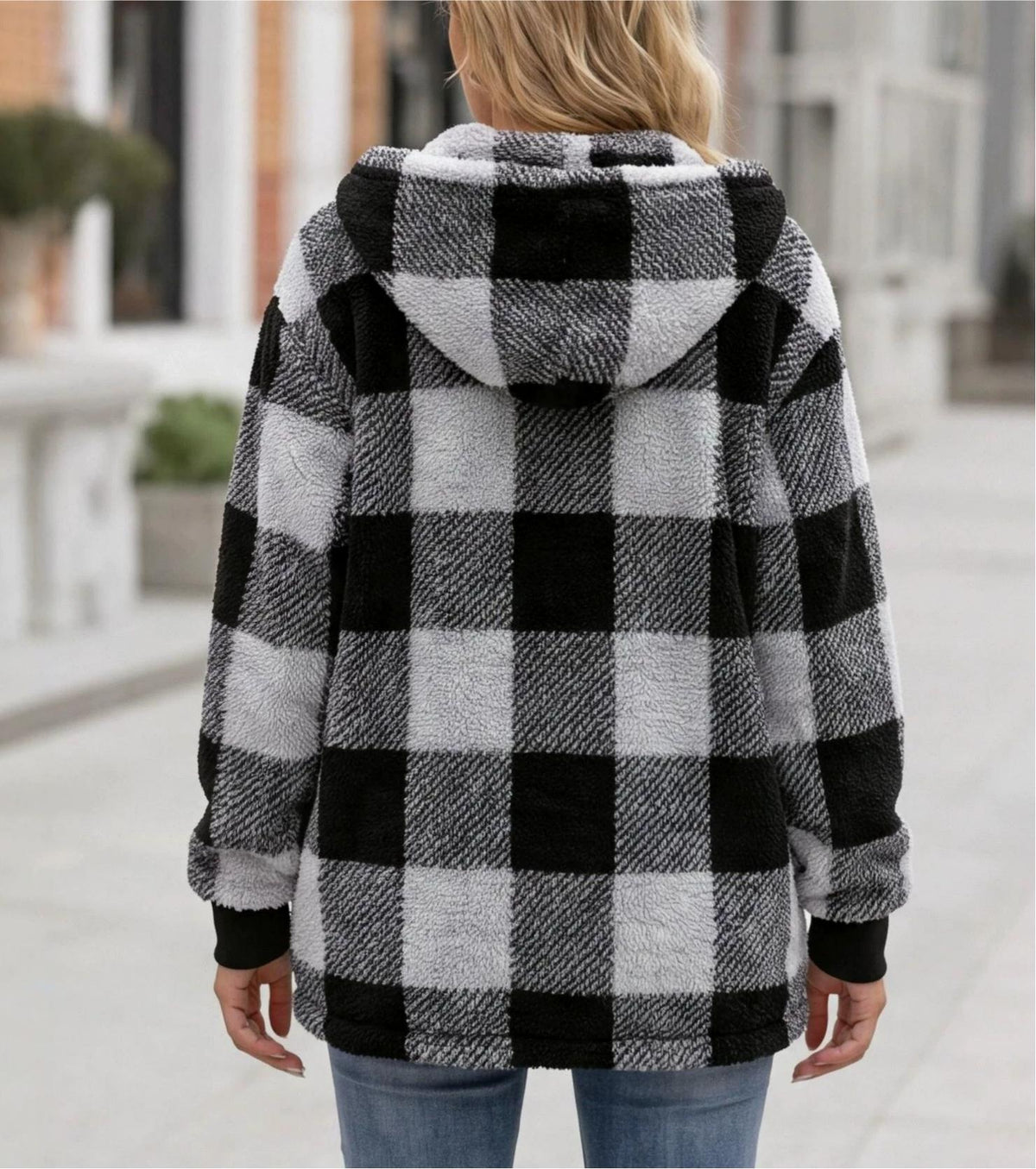 Buffalo Plaid Sherpa Hooded Zip Up Jacket - Black - 5