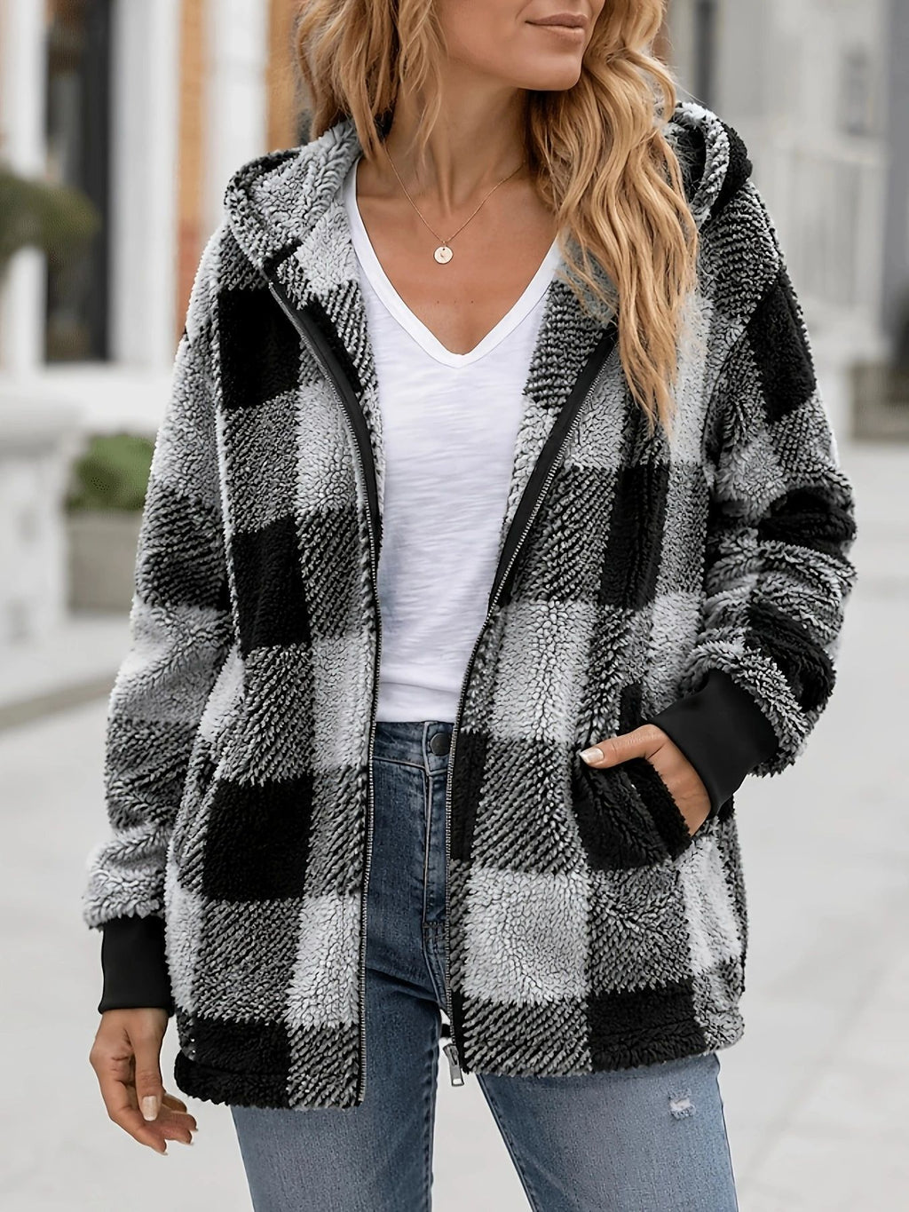 Buffalo Plaid Sherpa Hooded Zip Up Jacket - Black - 6