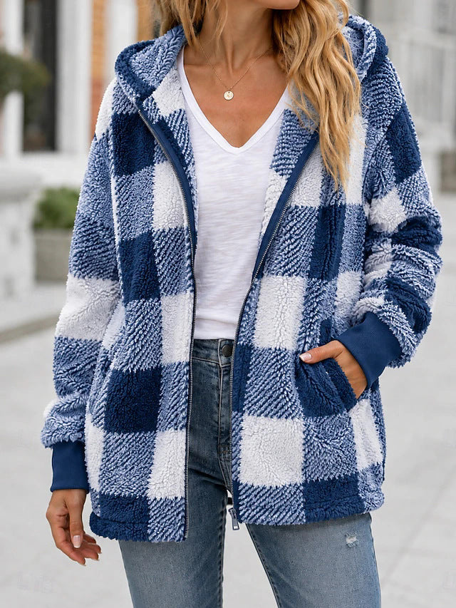 Buffalo Plaid Sherpa Hooded Zip Up Jacket - Blue