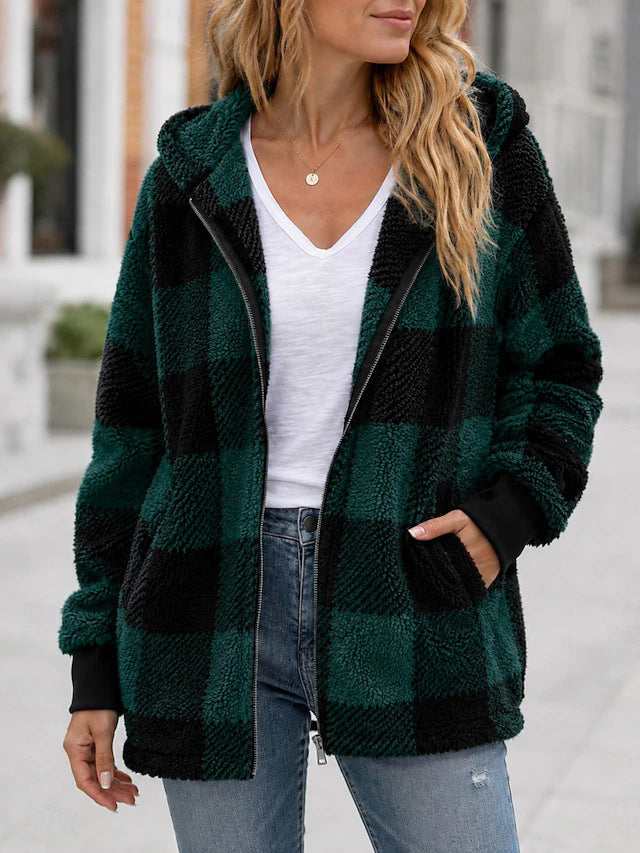 Buffalo Plaid Sherpa Hooded Zip Up Jacket - Green