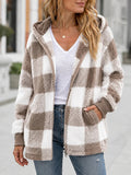 Buffalo Plaid Sherpa Hooded Zip Up Jacket - Khaki