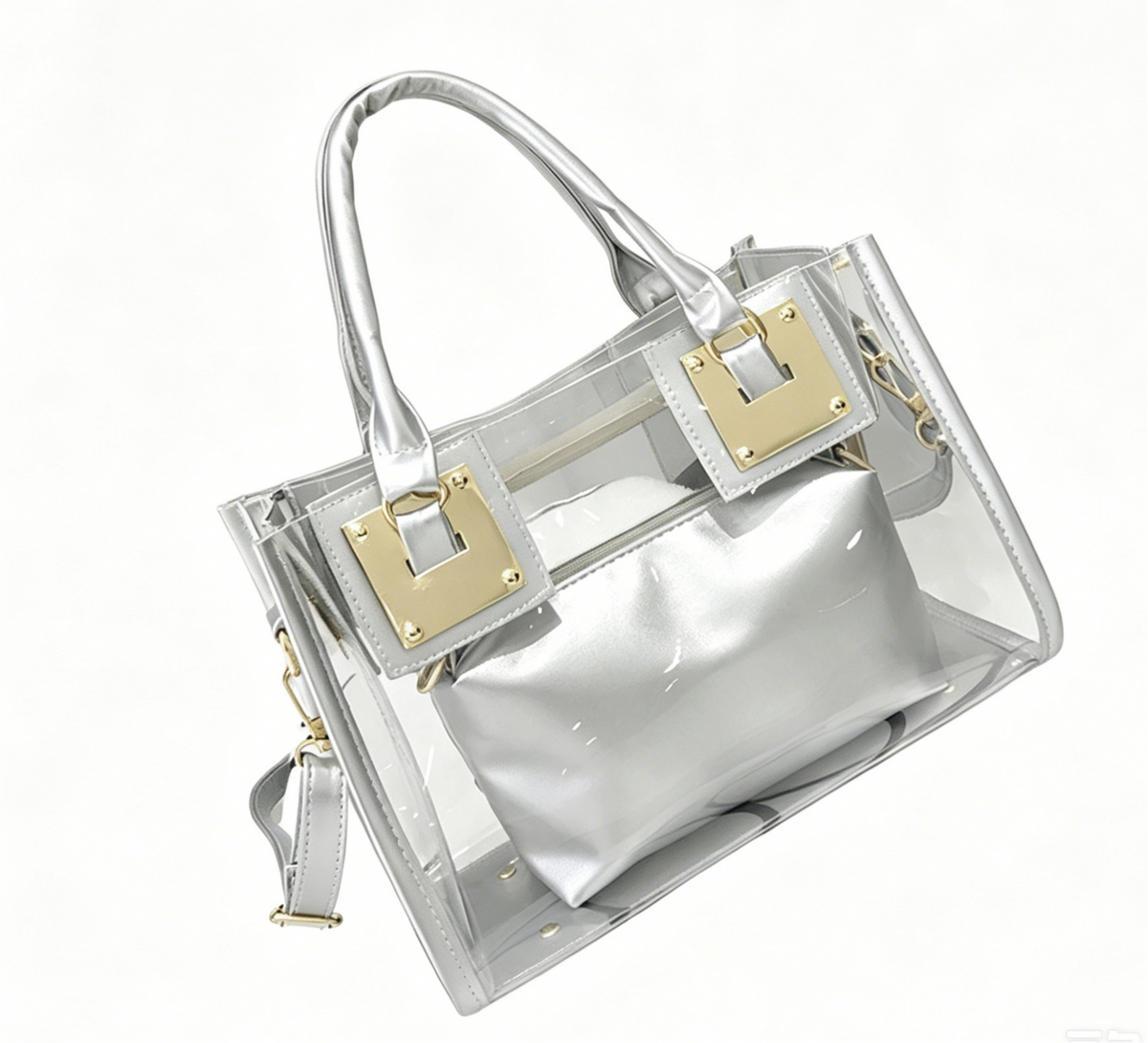 Transparent PVC Handbag With Inner Pouch - Silver