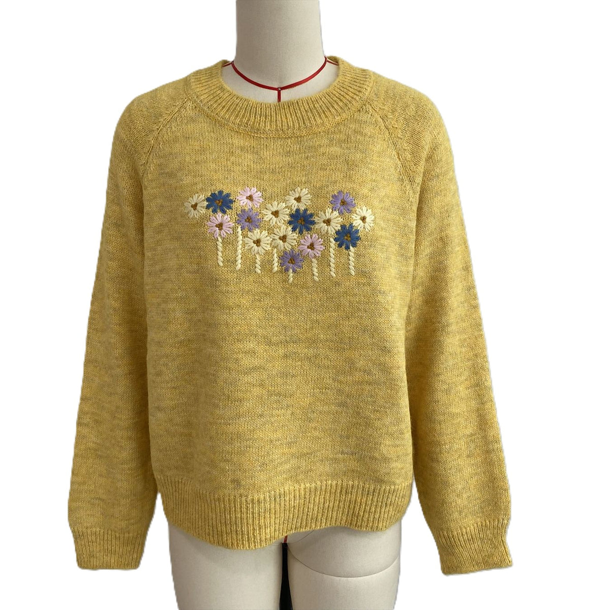 Raglan Sleeve Knit Sweater With Daisy Embroidery - Yellow - 1