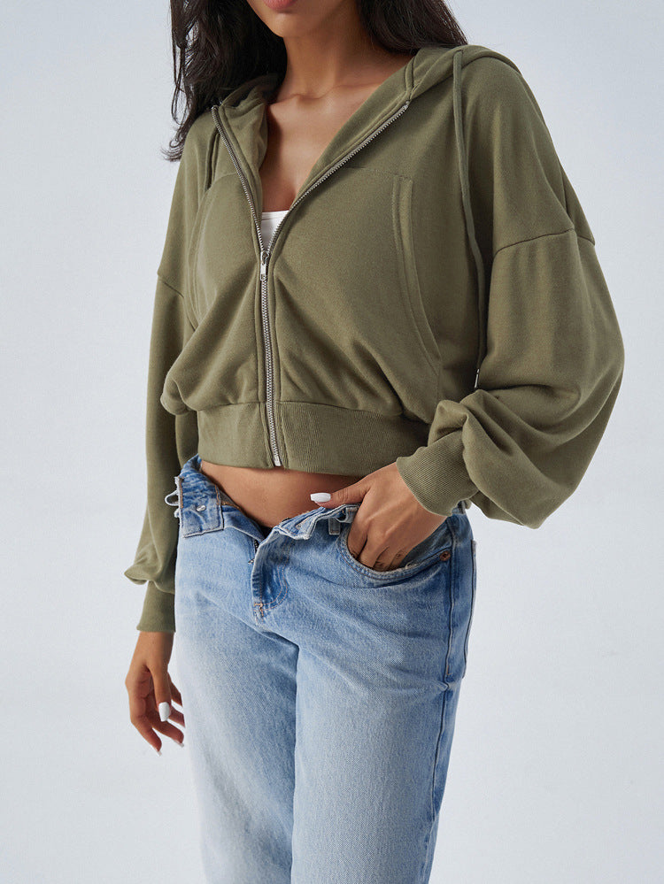 Cropped Zip Up Hooded Cardigan - Green